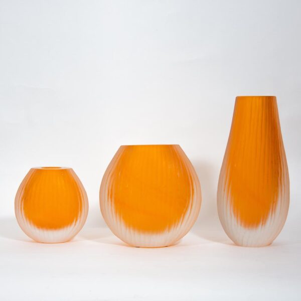 Set of 3 Orange Murano Battuto Vase