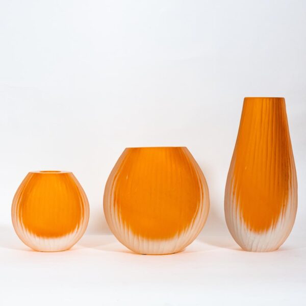 Set of 3 Orange Murano Battuto Vase