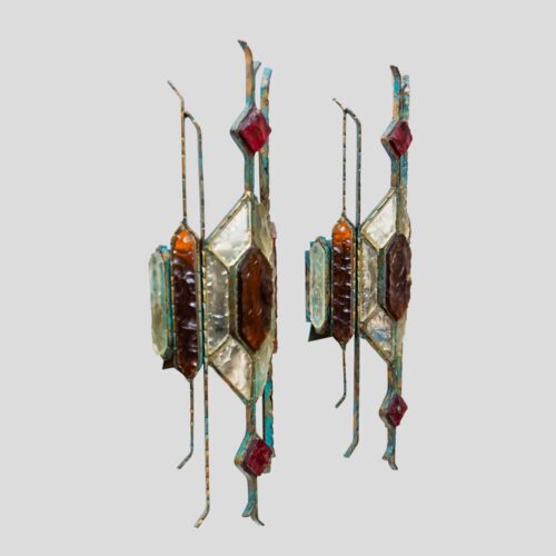 Pair of Hammered Glass on wrought Wall Lights By Longobard