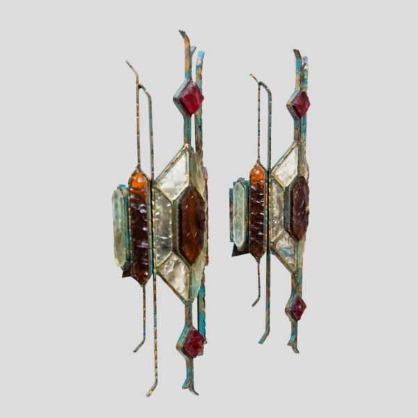 Pair of Hammered Glass on wrought Wall Lights By Longobard
