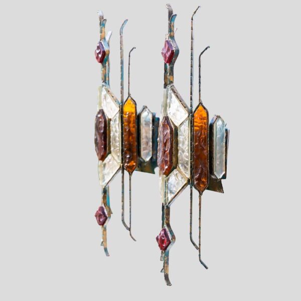 Pair of Hammered Glass on wrought Wall Lights By Longobard