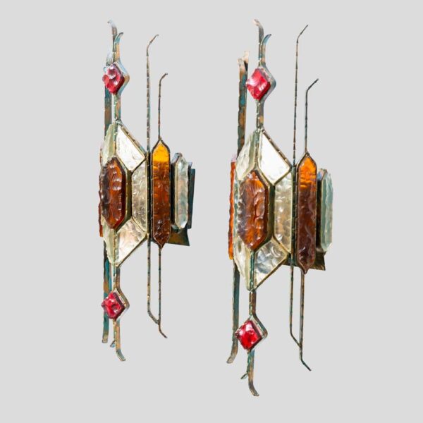 Pair of Hammered Glass on wrought Wall Lights By Longobard
