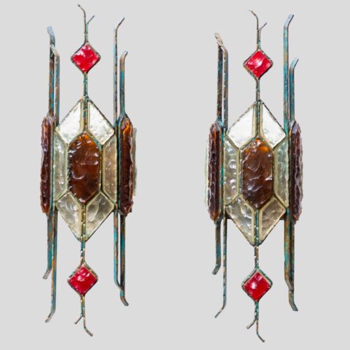Pair of Hammered Glass on wrought Wall Lights By Longobard