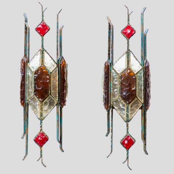 Pair of Hammered Glass on wrought Wall Lights By Longobard
