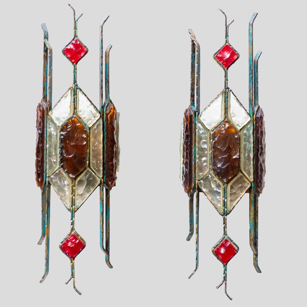 Pair of Hammered Glass on wrought Wall Lights By Longobard-FM1896 (5)