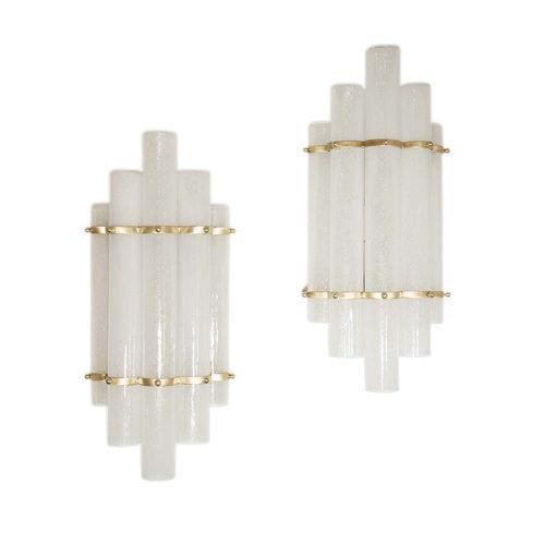 Pair of blown Murano glass tubes and brass wall lights