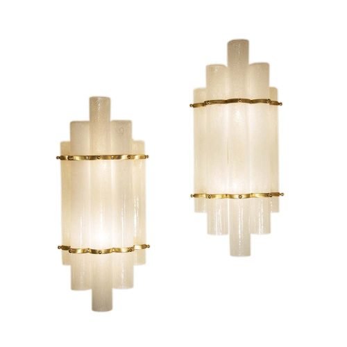 Pair of blown Murano glass tubes and brass wall lights