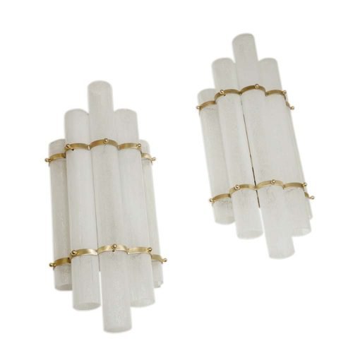 Pair of blown Murano glass tubes and brass wall lights