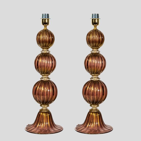Pair of table lamp with 3 sphere purple and gold inclusion