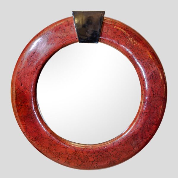 1980s round red black Lacquer crackleware mirror