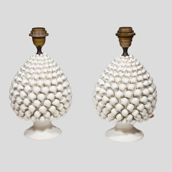 Pair of Vintage Pine cone shape white ceramic table lamps