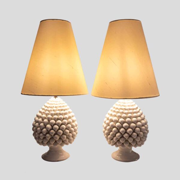 Pair of Vintage Pine cone shape white ceramic table lamps