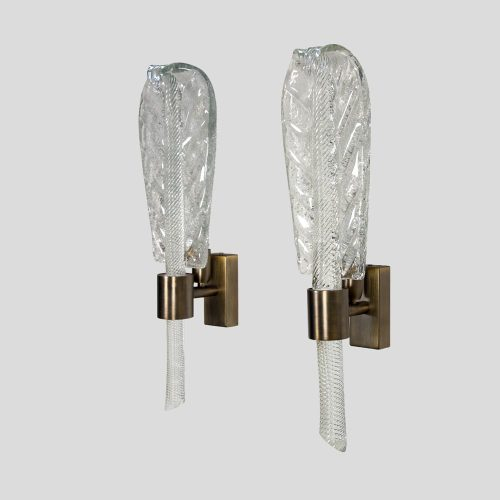 Pair of blown large glass leaf wall lights by Carlo Fuga