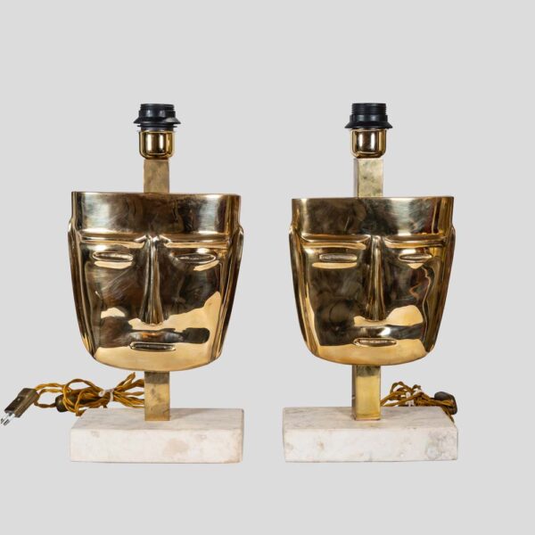 Vintage brass face sculpture table lamps set of 2