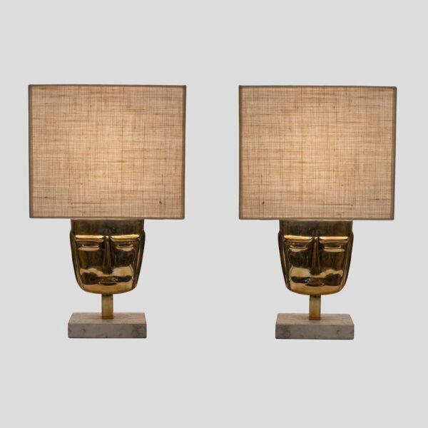 Vintage brass face sculpture table lamps set of 2