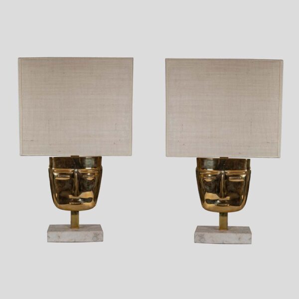 Vintage brass face sculpture table lamps set of 2