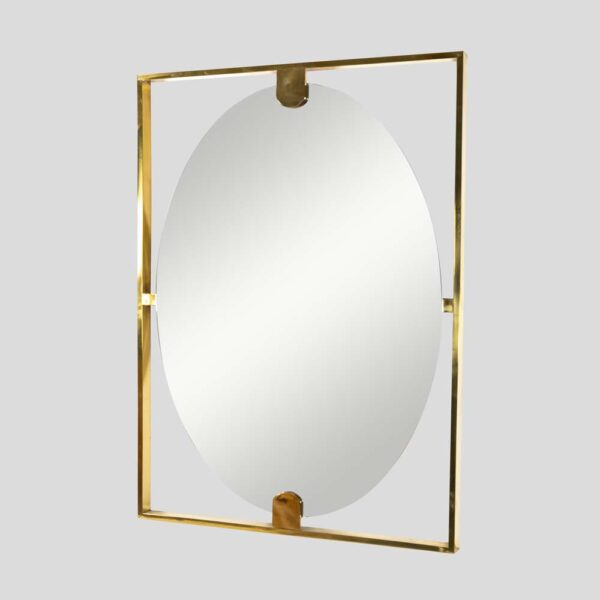 Mid-century style rectangular brass frame with oval mirror