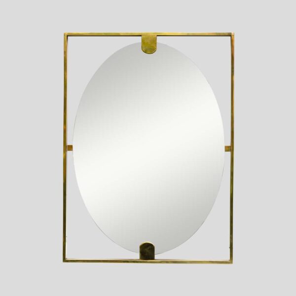 Mid-century style rectangular brass frame with oval mirror