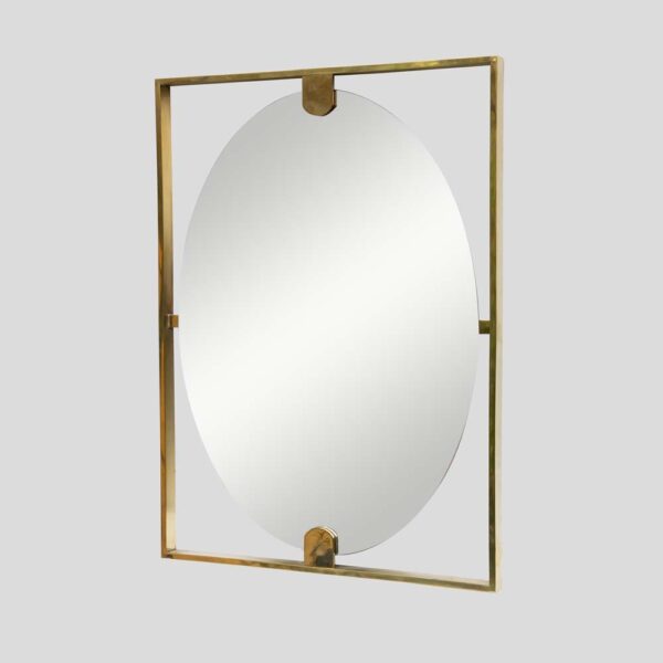 Mid-century style rectangular brass frame with oval mirror