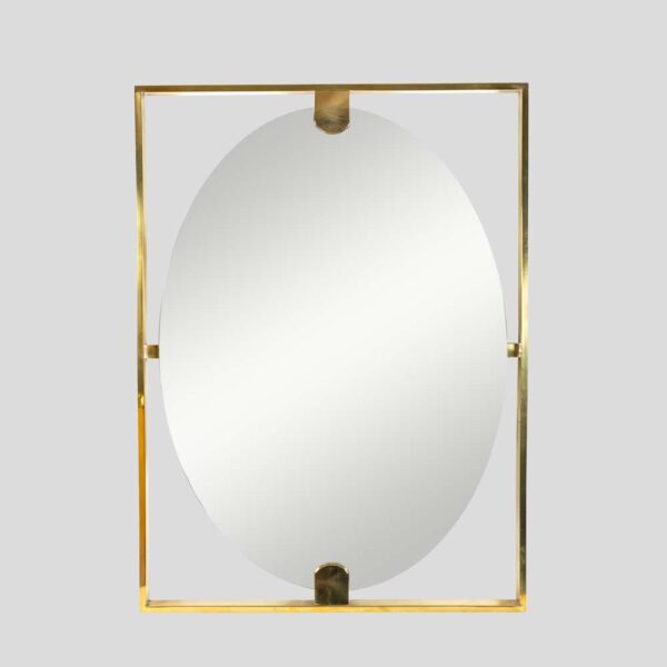 Mid-century style rectangular brass frame with oval mirror