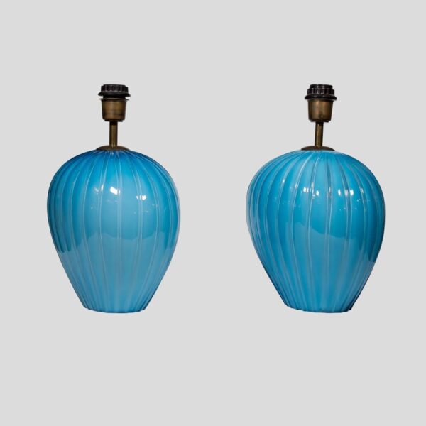 Pair of sky blue ribbed Barovier Murano Glass Table lamps