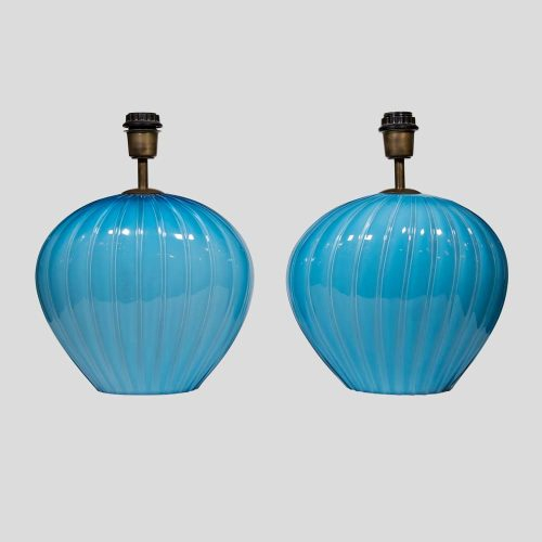 Pair of sky blue ribbed Barovier Murano Glass Table lamps
