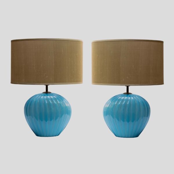 Pair of sky blue ribbed Barovier Murano Glass Table lamps