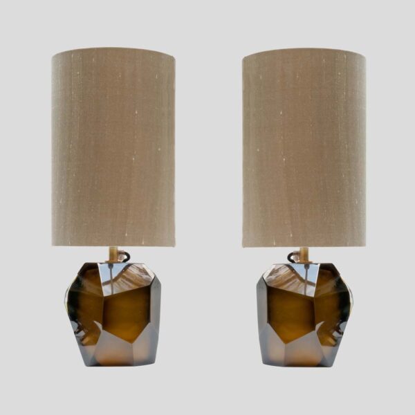 Pair of tobacco colour Murano Diamond Cut Faceted glass table lamps