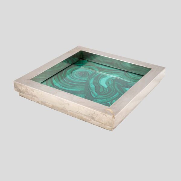 1970s silver plated square tray with Malachite silk printed