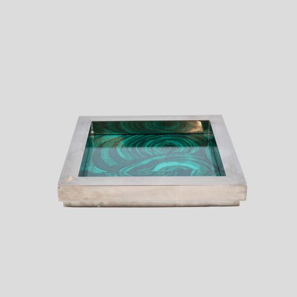 1970s silver plated square tray with Malachite silk printed