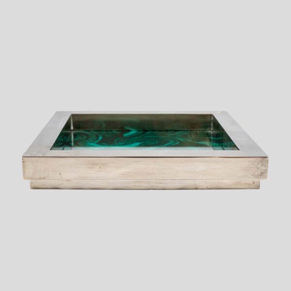 1970s silver plated square tray with Malachite silk printed