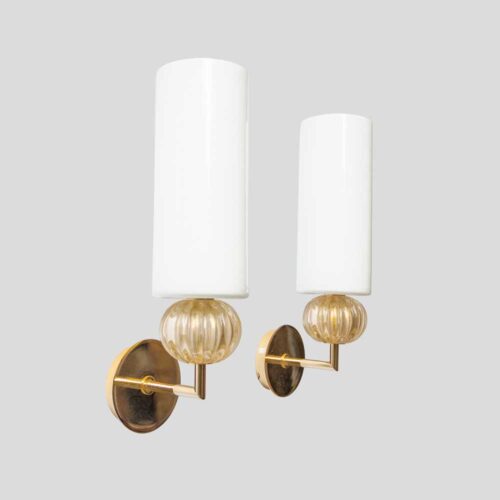 Pair of Murano Glass white and Gold glass wall sconces