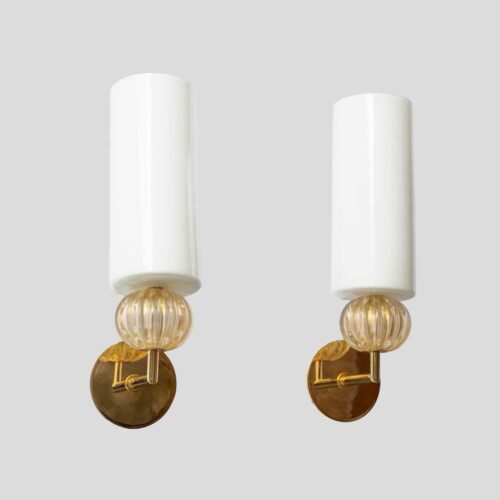 Pair of Murano Glass white and Gold glass wall sconces