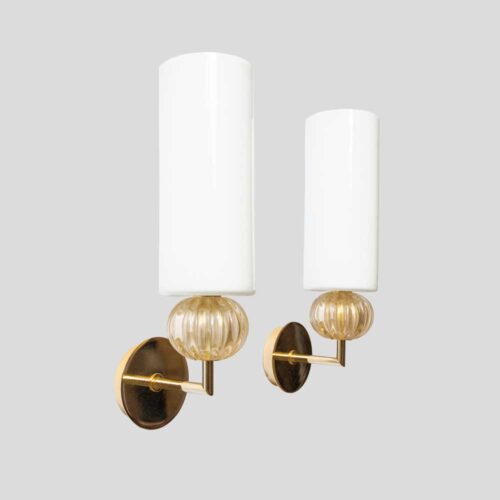 Pair of Murano Glass white and Gold glass wall sconces