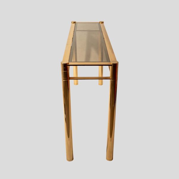 Vintage gold console with smoke glass top att. to Romeo Rega