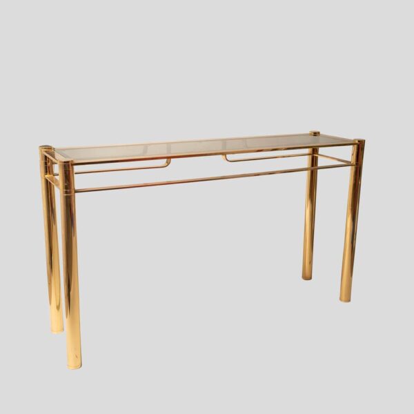 Vintage gold console with smoke glass top att. to Romeo Rega