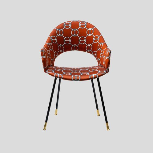 Pair iconic round back chairs upholstered in Hermes fabric