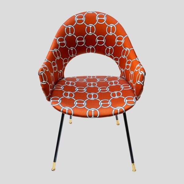 Pair iconic round back chairs upholstered in Hermes fabric