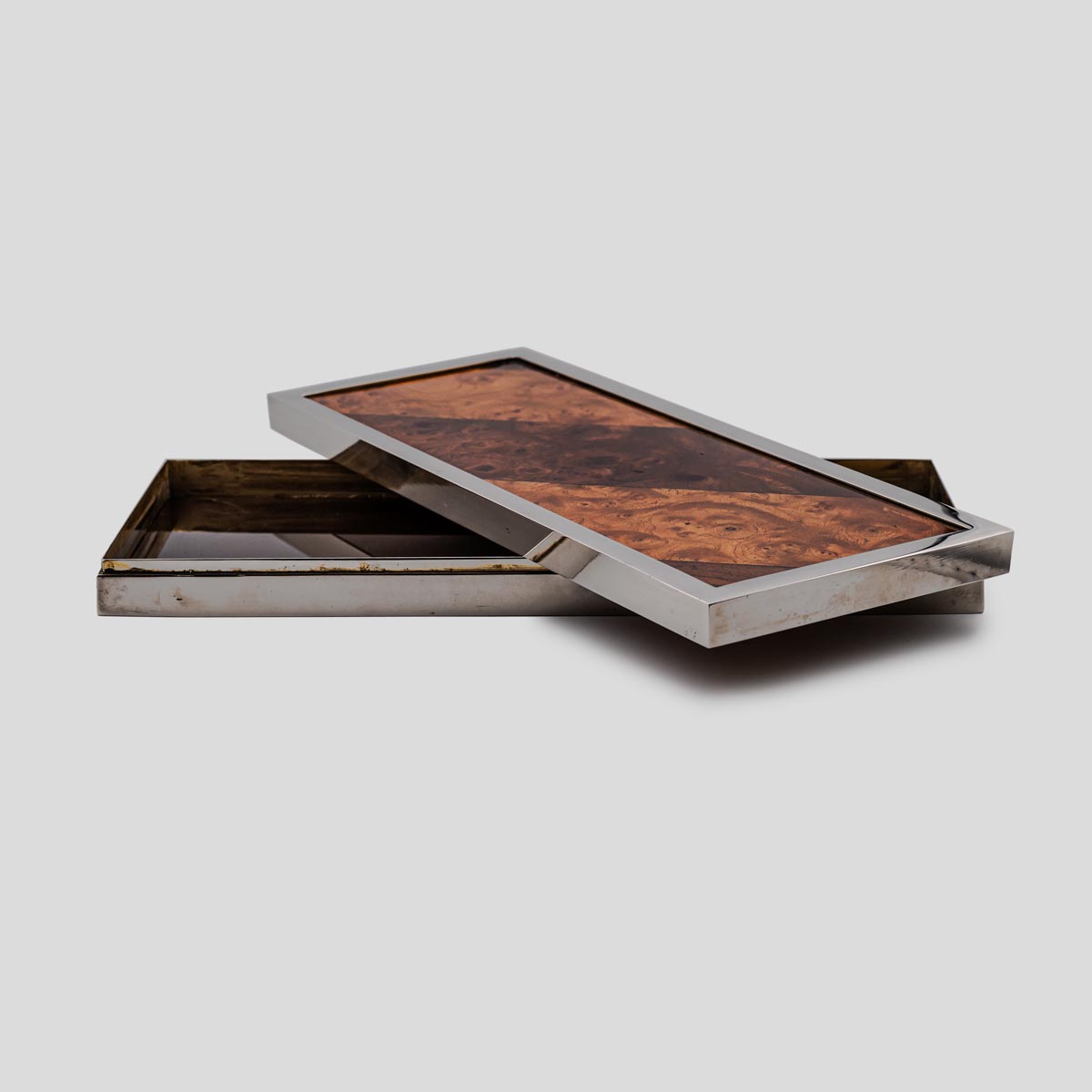 1960s Silver plated box with lid bird eye maple wood decor-FM2383 (1)