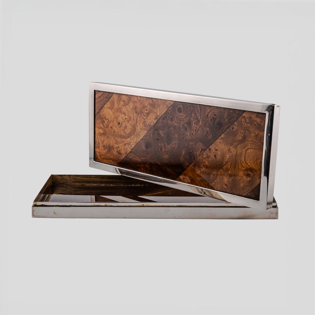 1960s Silver plated box with lid bird eye maple wood decor-FM2383 (5)