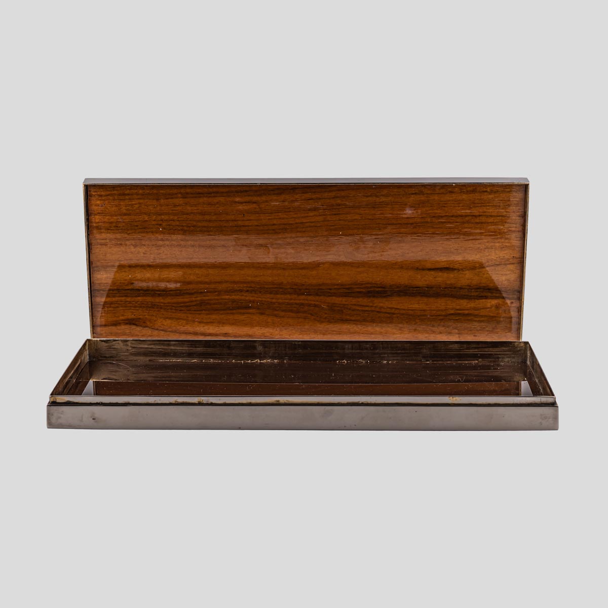 1960s Silver plated box with lid bird eye maple wood decor-FM2383