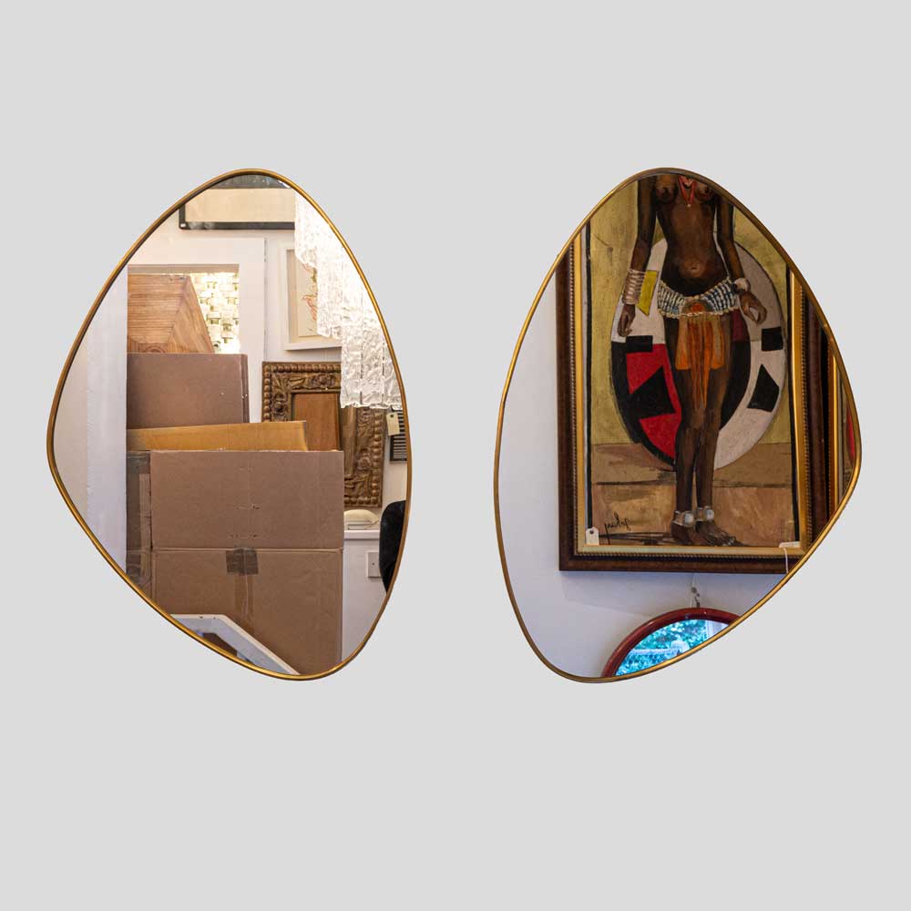 Set of 2  Italian design brass frame asymmetrical mirrors