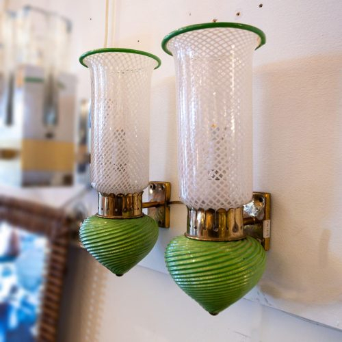 Pair of 1930s Murano clear white and green glass on brass wall lights