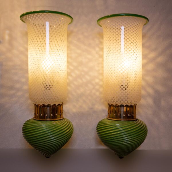Pair of Murano clear white and green glass on brass wall light