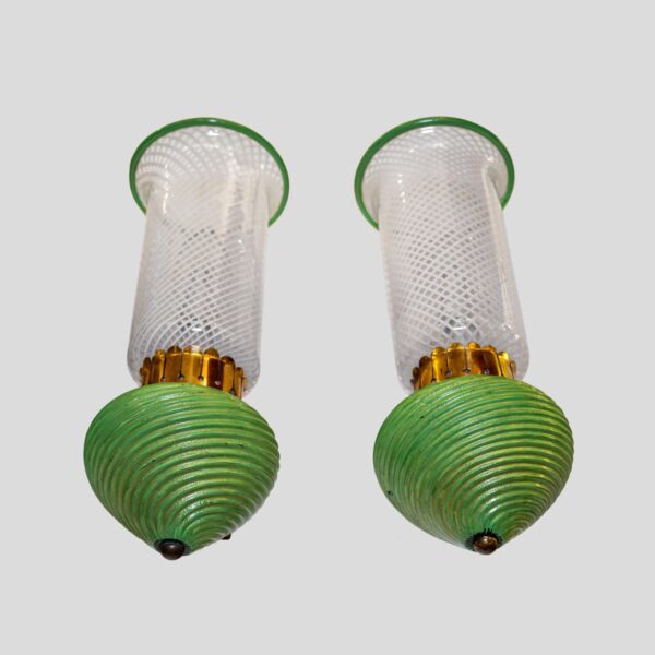 Pair of Murano clear white and green glass on brass wall light