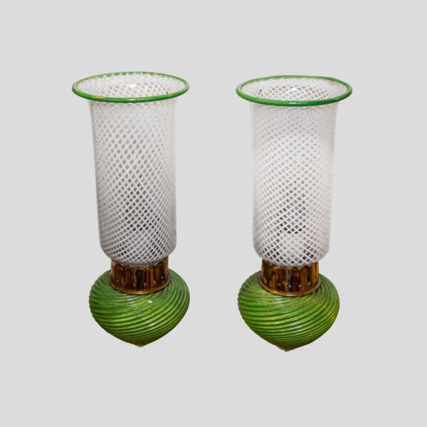 Pair of Murano clear white and green glass on brass wall light
