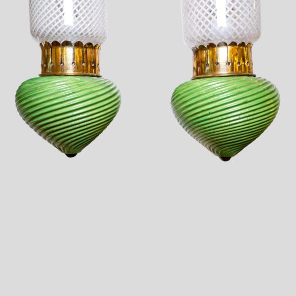 Pair of Murano clear white and green glass on brass wall light
