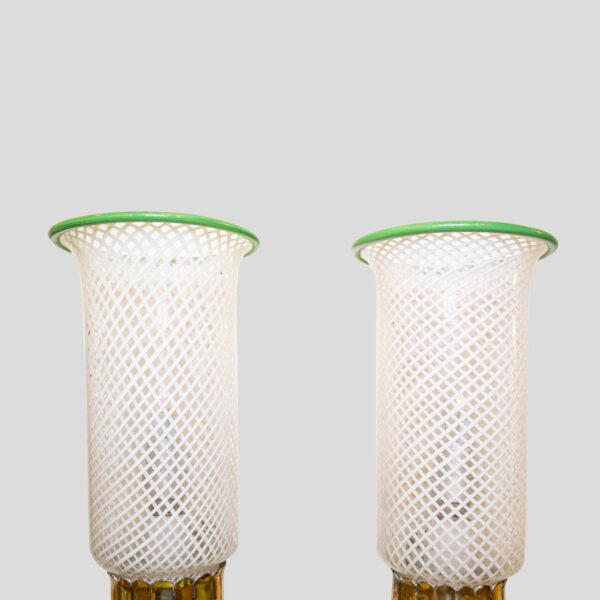 Pair of 1930 Murano clear white and green glass on brass wall light