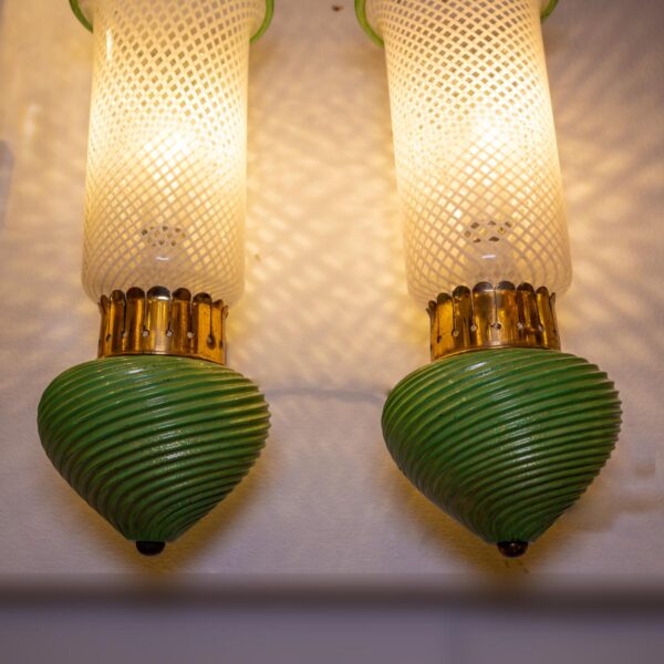 Pair of Murano clear white and green glass on brass wall light