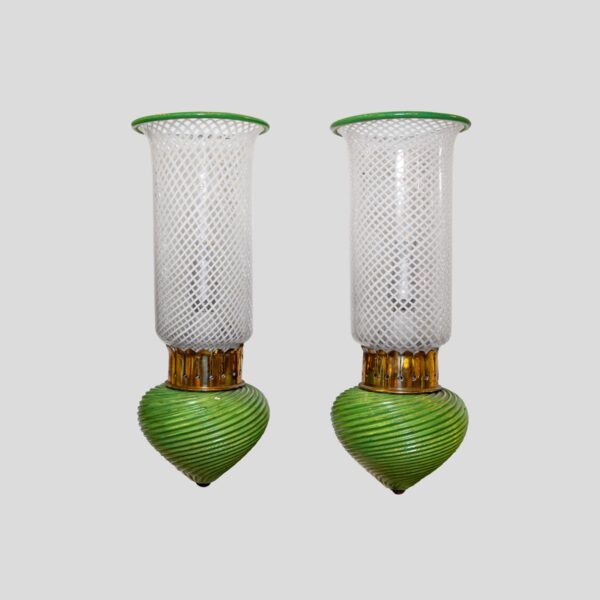 Pair of Murano clear white and green glass on brass wall light